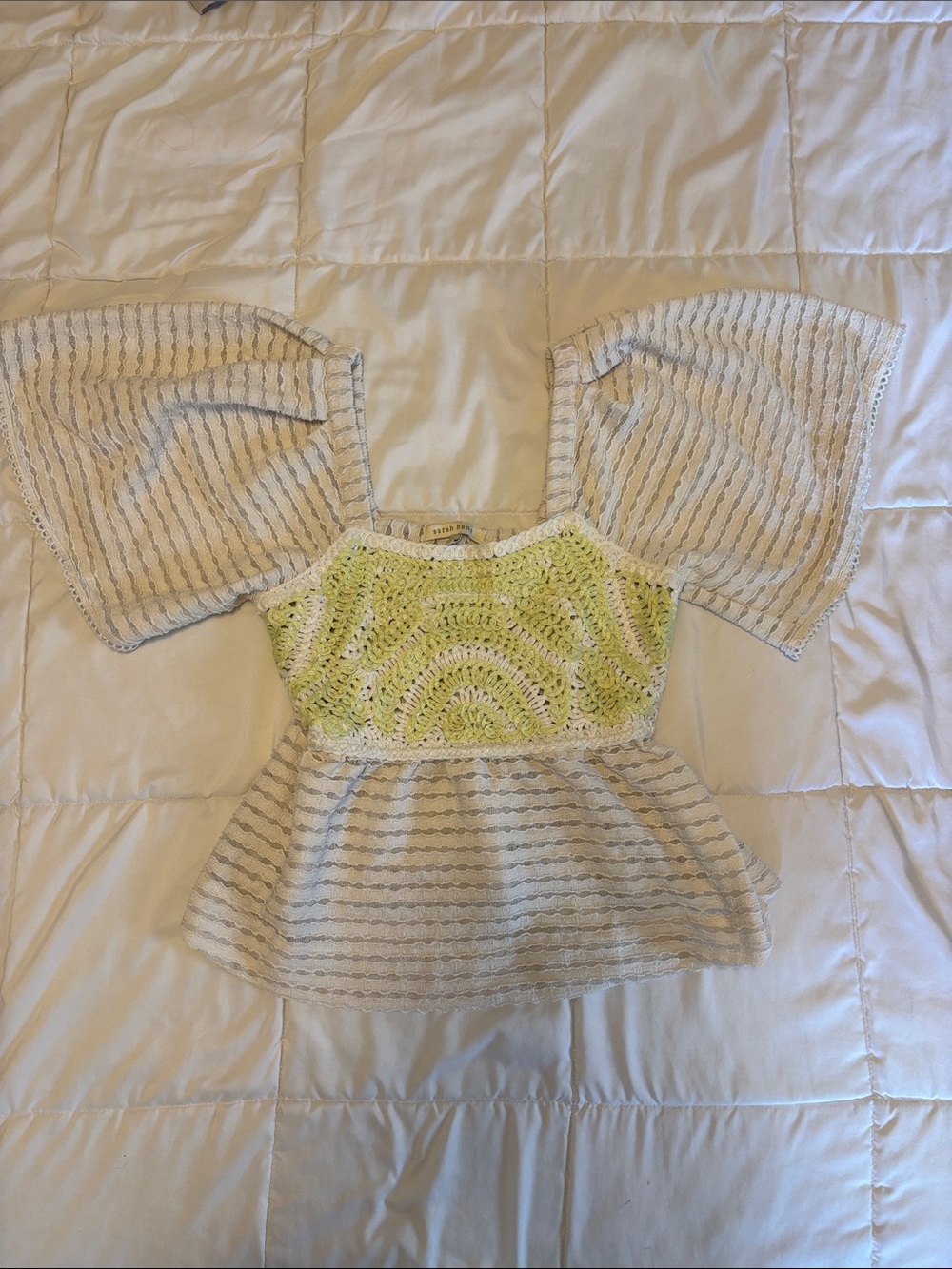 Anthropologie Yellow Crochet Bodice Peplum Top with White Striped Sleeves